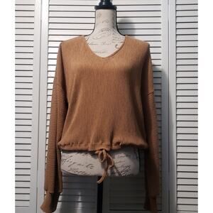 12th Tribe Oversized Stretch Knit Top Women's XS Brown Long Sleeve‎ Cinch Waist